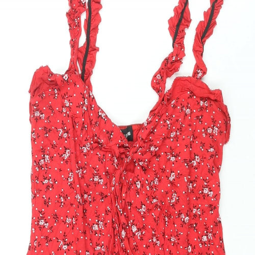 PRETTYLITTLETHING Womens Red Floral Viscose Mini Size 12 Sweetheart Lace Up - Frill