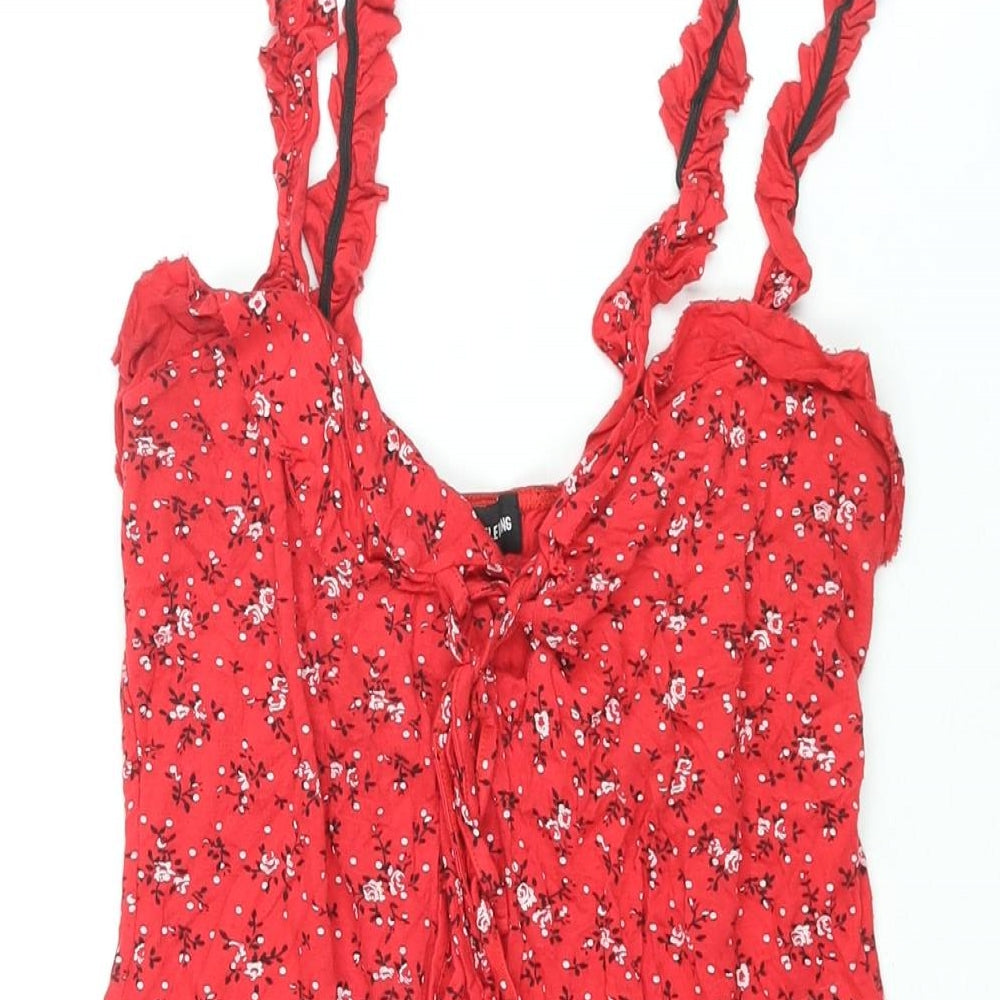 PRETTYLITTLETHING Womens Red Floral Viscose Mini Size 12 Sweetheart Lace Up - Frill
