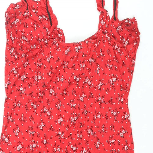 PRETTYLITTLETHING Womens Red Floral Viscose Mini Size 12 Sweetheart Lace Up - Frill