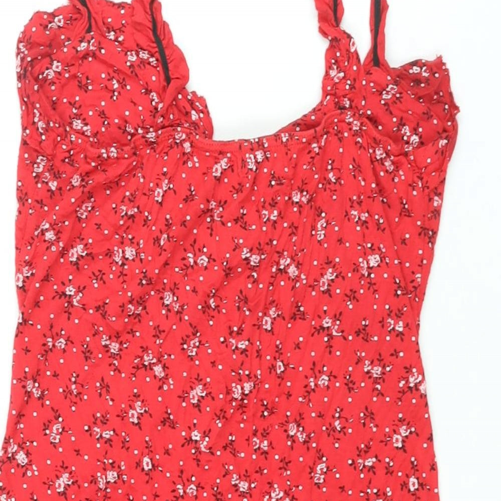 PRETTYLITTLETHING Womens Red Floral Viscose Mini Size 12 Sweetheart Lace Up - Frill