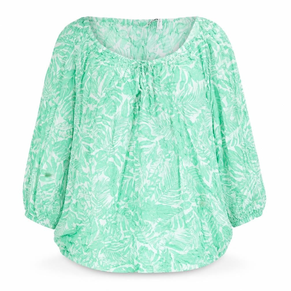 Front view of Yours women’s green geometric viscose basic blouse, size UK 16, scoop neck