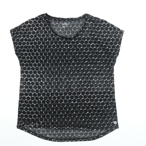 Marks and Spencer Womens Black Geometric Polyester Basic T-Shirt Size 12 Round Neck Pullover