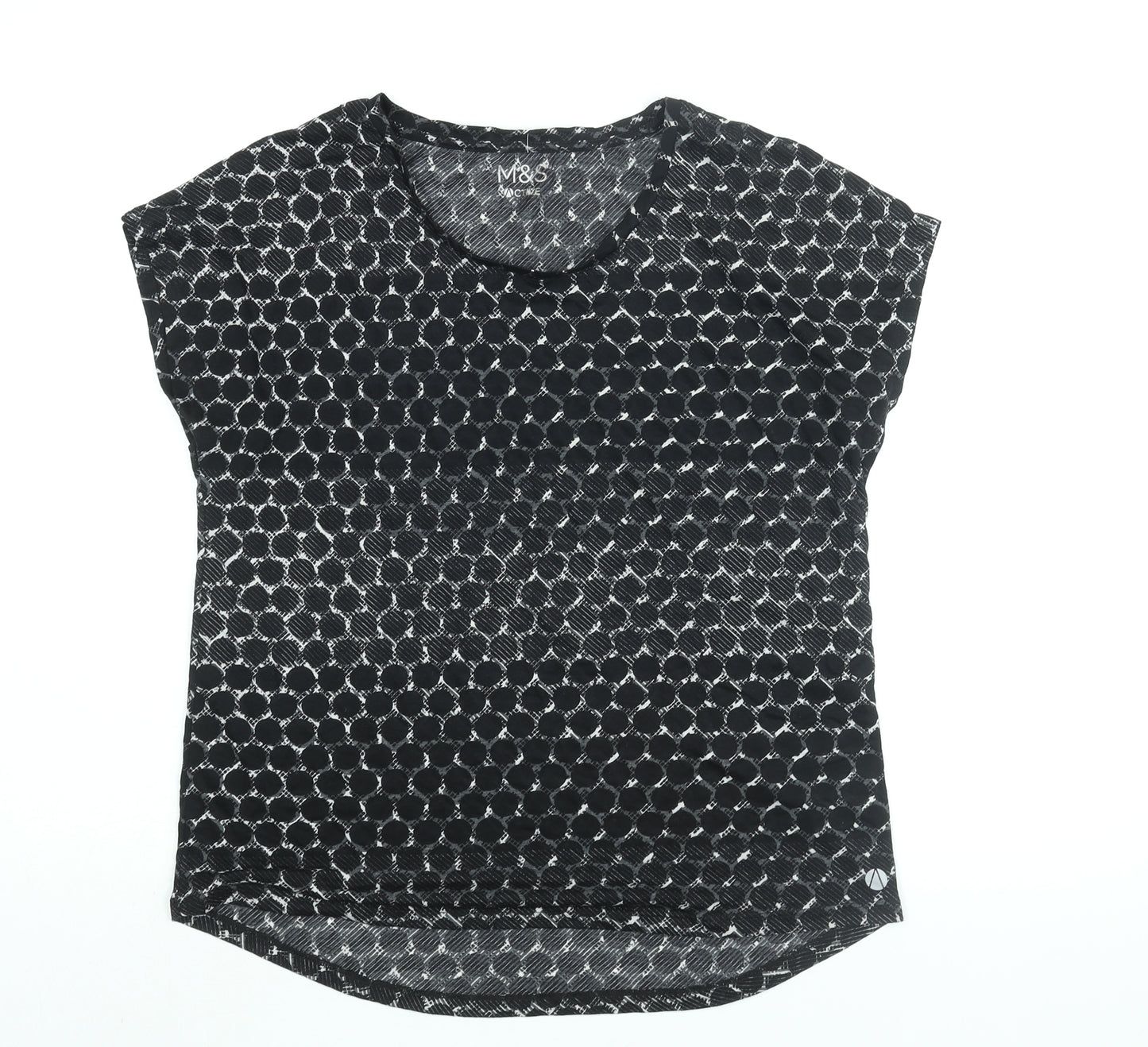 Marks and Spencer Womens Black Geometric Polyester Basic T-Shirt Size 12 Round Neck Pullover