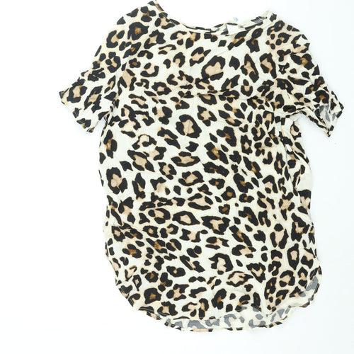 H&M Womens Beige Animal Print Viscose Basic Blouse Size 10 Round Neck - Leopard Print
