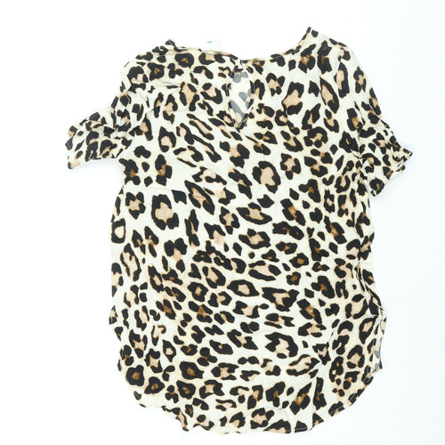 H&M Womens Beige Animal Print Viscose Basic Blouse Size 10 Round Neck - Leopard Print