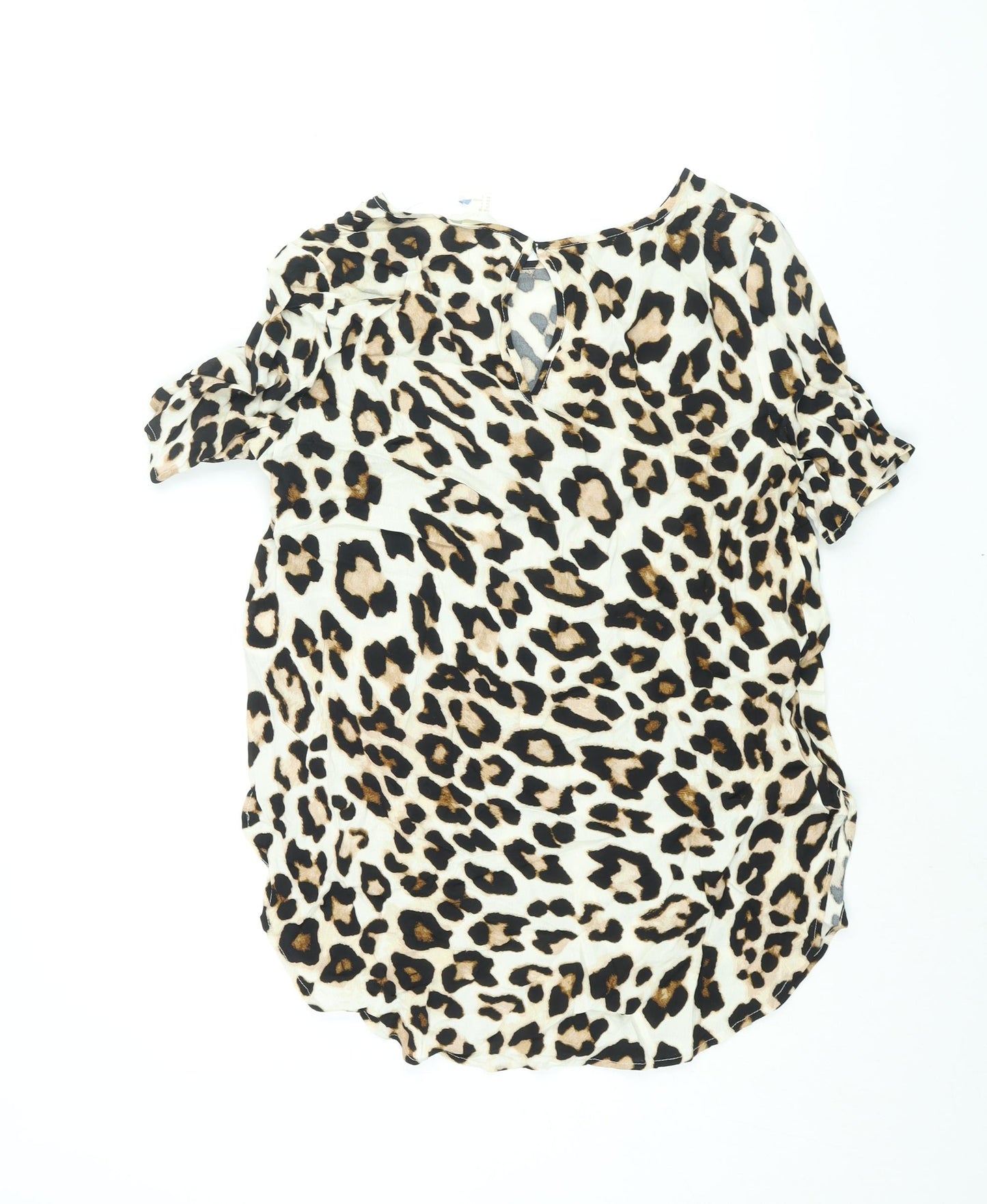 H&M Womens Beige Animal Print Viscose Basic Blouse Size 10 Round Neck - Leopard Print