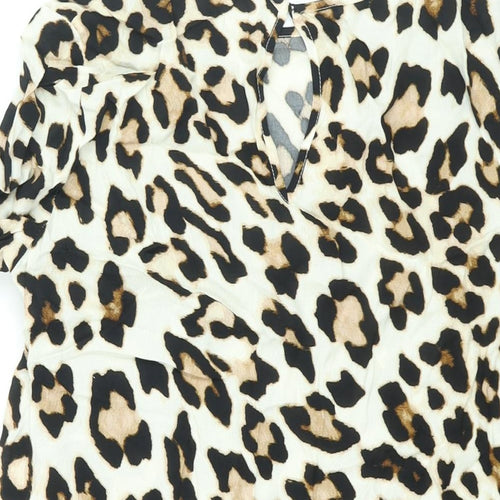 H&M Womens Beige Animal Print Viscose Basic Blouse Size 10 Round Neck - Leopard Print