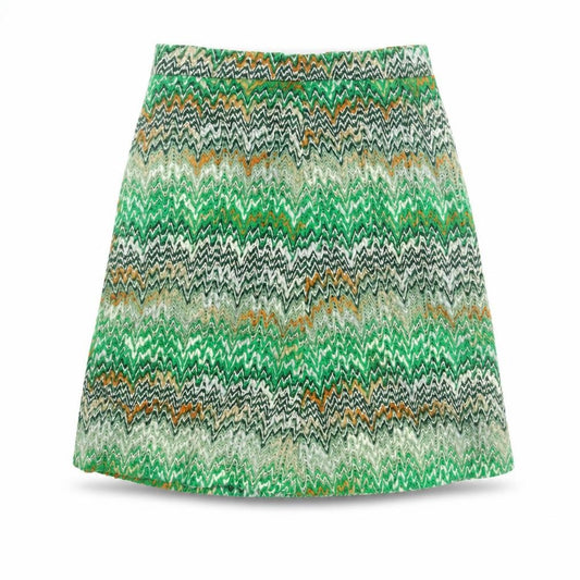 Front view of Country Casuals women’s green geometric acrylic a-line skirt, size UK 12, zip
