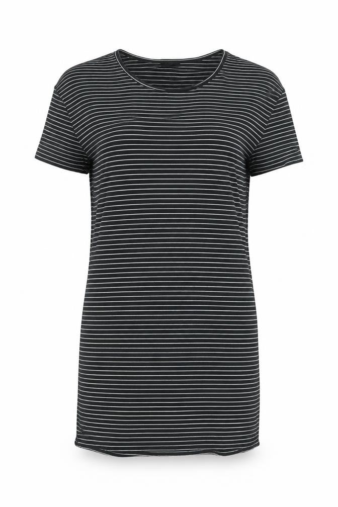 Front view of VILA women’s black striped polyester t-shirt dress, size S, round neck pullover