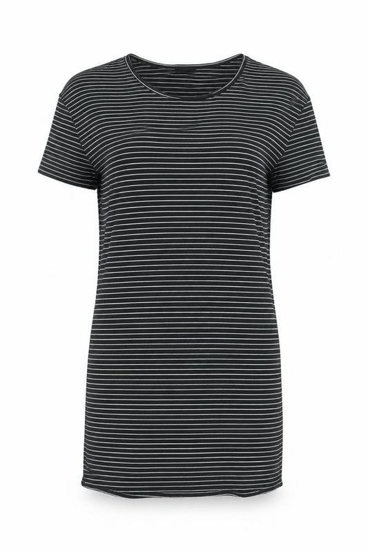 Front view of VILA women’s black striped polyester t-shirt dress, size S, round neck pullover