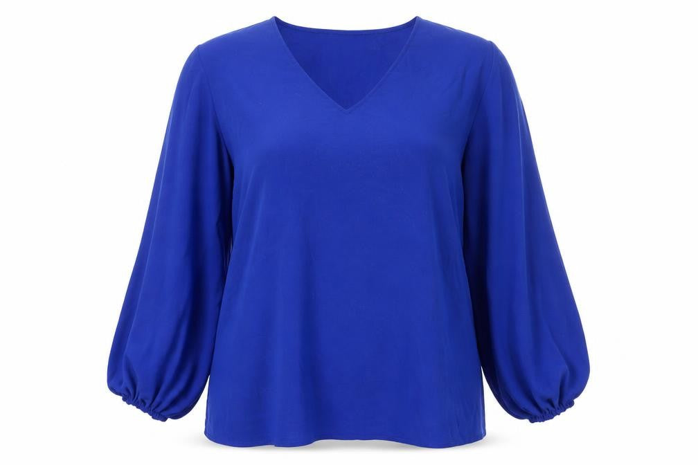 Front view of City Chic women’s blue polyester tunic blouse, size UK 14, v-neck