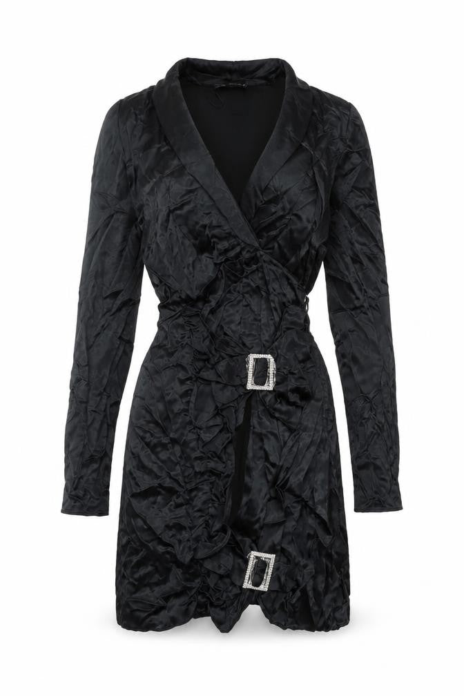 Front view of Zara women’s black viscose shift, size M, v-neck zip - rhinestone buckle