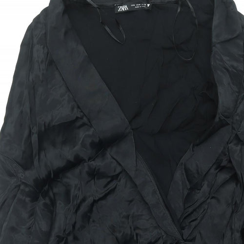 Zara Womens Black Viscose Shift Size M V-Neck Zip - Rhinestone Buckle