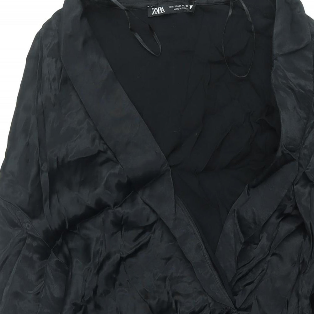 Zara Womens Black Viscose Shift Size M V-Neck Zip - Rhinestone Buckle