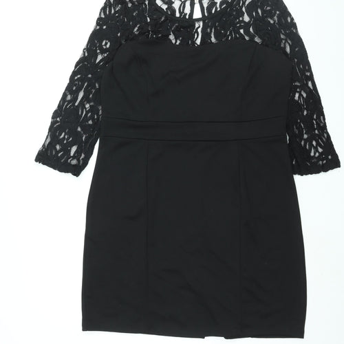 Epilogue Womens Black Cotton Shift Size 14 Round Neck Button - Lace Detail