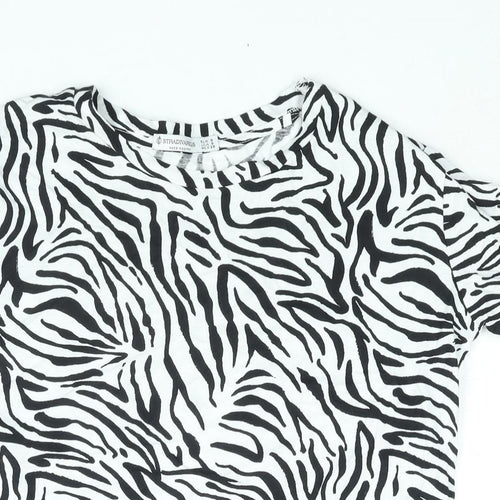 Stradivarius Womens White Animal Print Cotton Basic T-Shirt Size S Round Neck - Tiger Print
