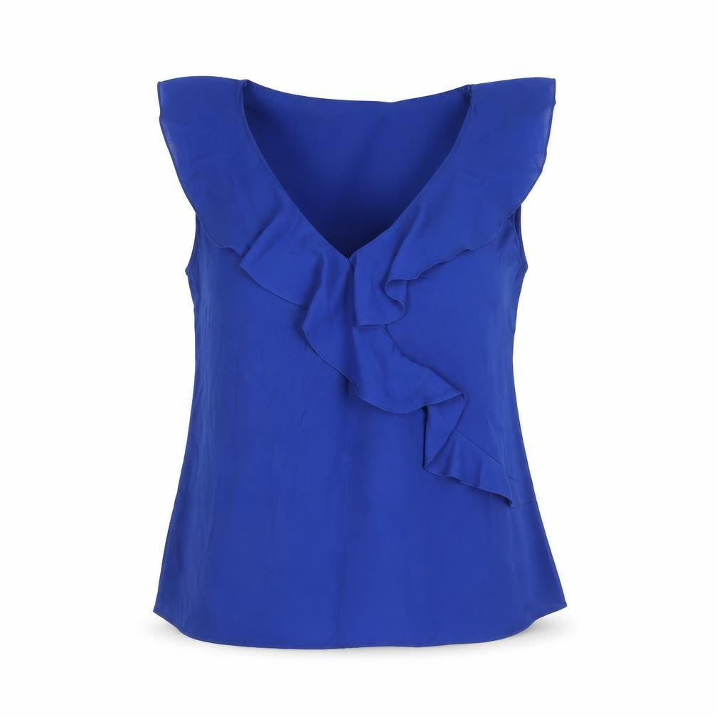 Front view of Zara women’s blue polyester camisole blouse, size S, v-neck - frill