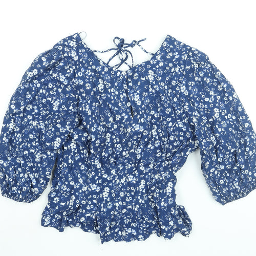 NEXT Womens Blue Floral Viscose Basic Blouse Size 12 Boat Neck - Peplum Tie