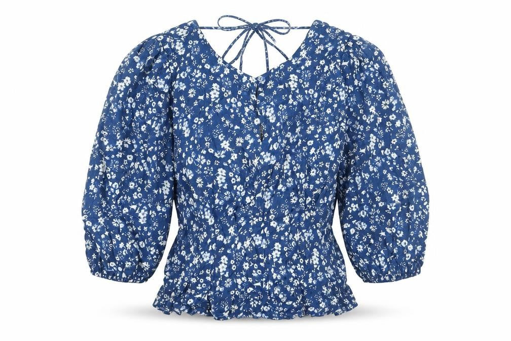 Front view of Next women’s blue floral viscose basic blouse, size UK 12, boat neck - peplum tie