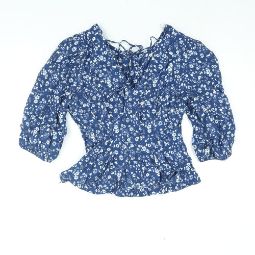 NEXT Womens Blue Floral Viscose Basic Blouse Size 12 Boat Neck - Peplum Tie