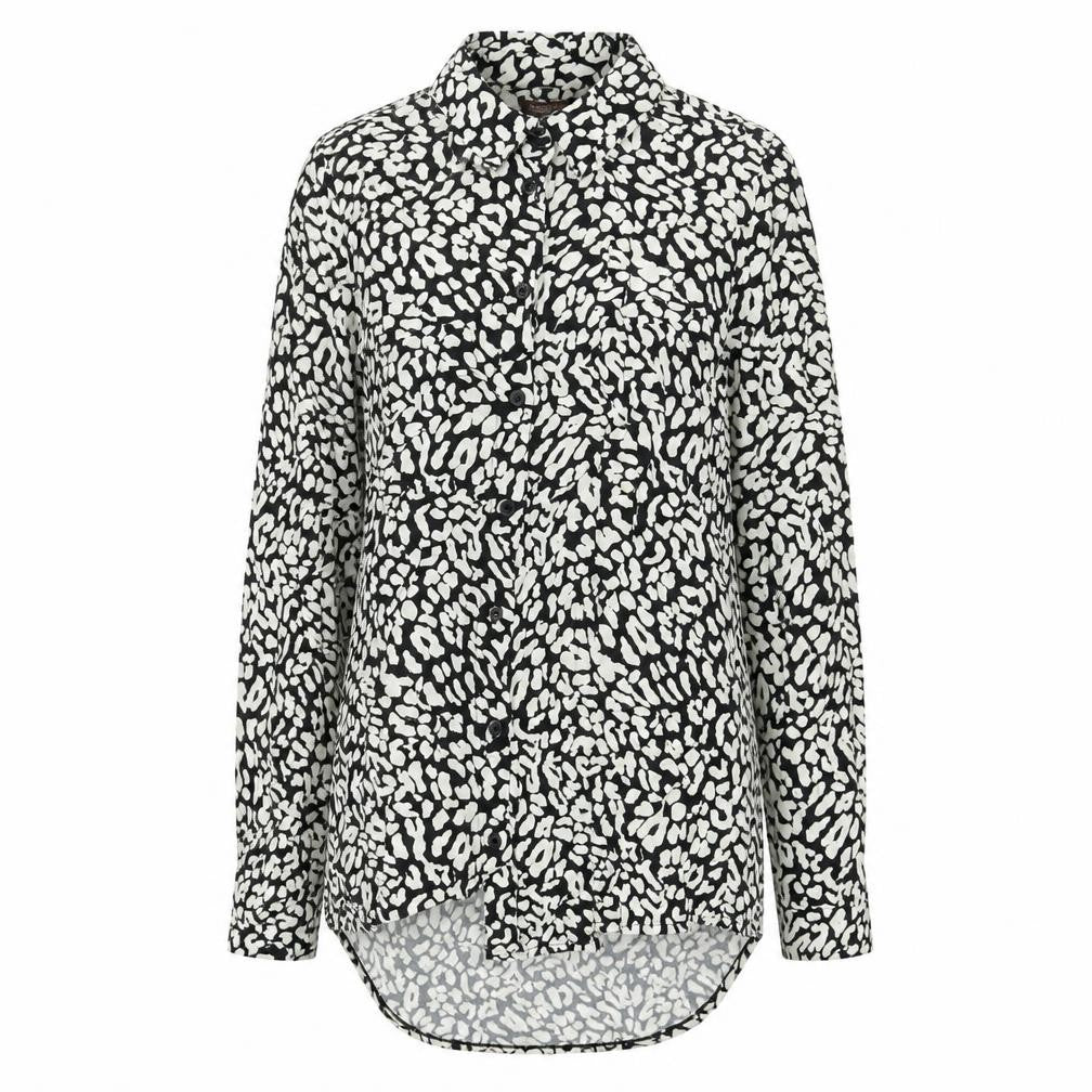 Front view of Marks & Spencer women’s black animal print viscose basic button-up, size UK 8, collared - leopard print