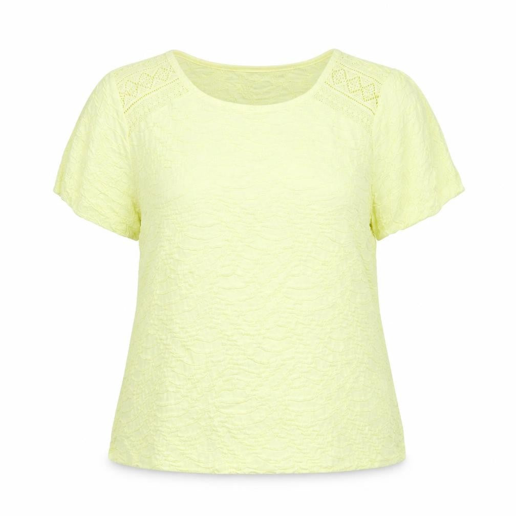Front view of Per Una women’s yellow polyester basic blouse, size UK 16, round neck - lace detail textured