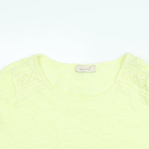 Per Una Womens Yellow Polyester Basic Blouse Size 16 Round Neck - Lace Detail Textured