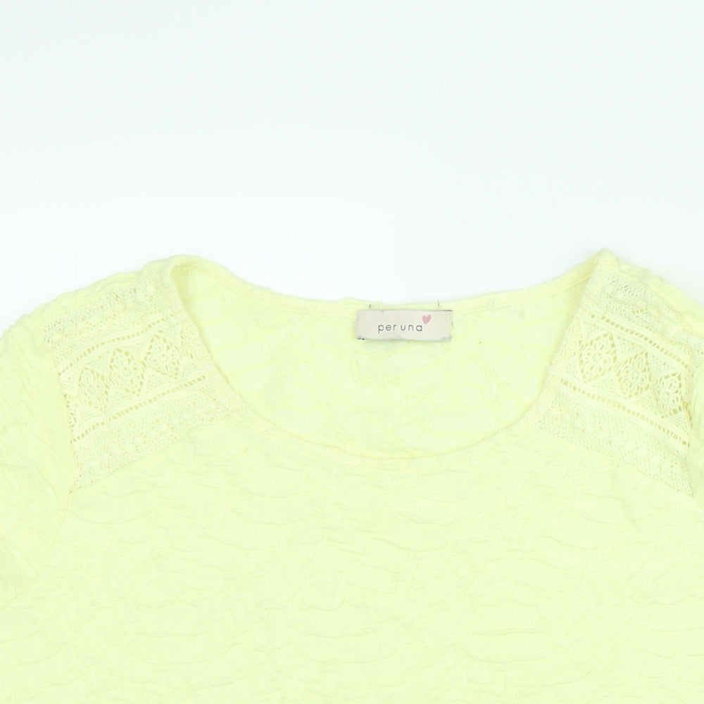 Per Una Womens Yellow Polyester Basic Blouse Size 16 Round Neck - Lace Detail Textured