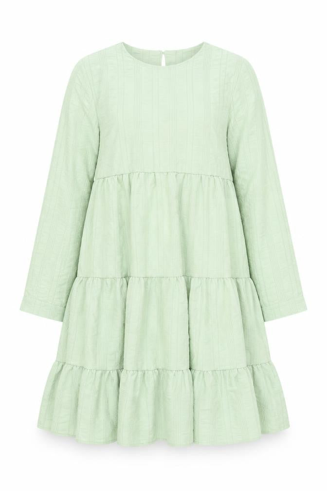 Front view of QED London women’s green polyester shift, size M, round neck button - smocked