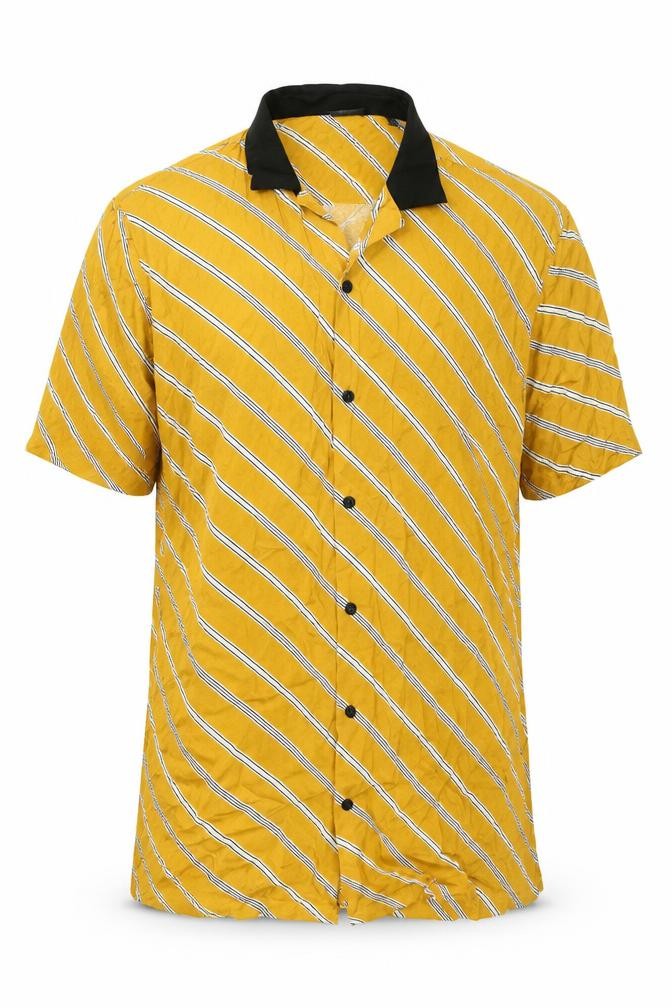 Front view of ASOS men’s yellow striped viscose button-up, size 2XL, collared button