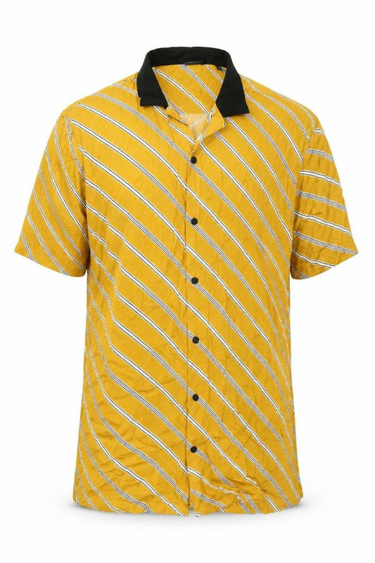 Front view of ASOS men’s yellow striped viscose button-up, size 2XL, collared button