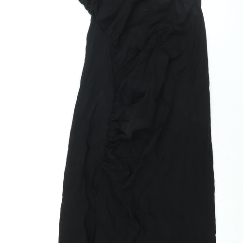 Zara Womens Black Viscose Maxi Size M One Shoulder Zip - Rouched Front Slit