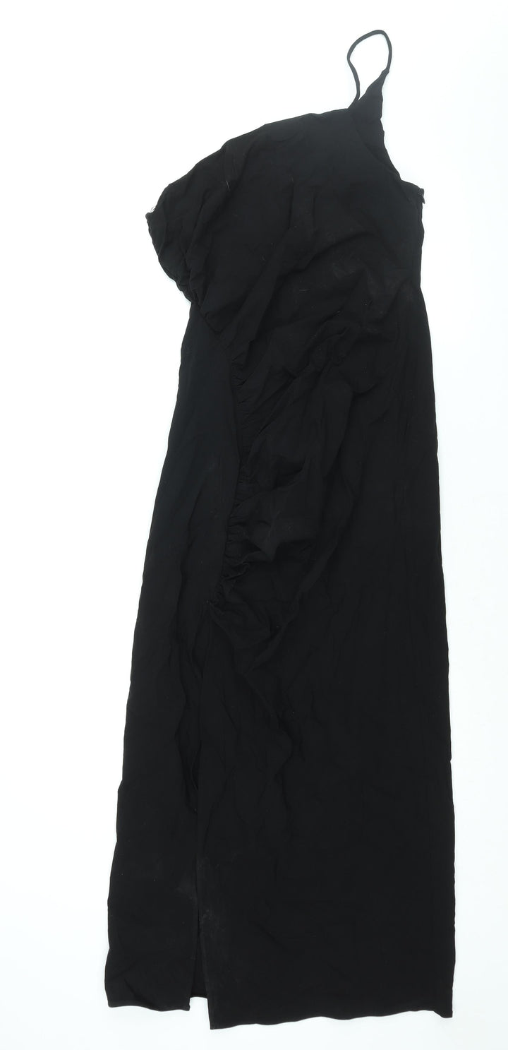 Zara Womens Black Viscose Maxi Size M One Shoulder Zip - Rouched Front Slit
