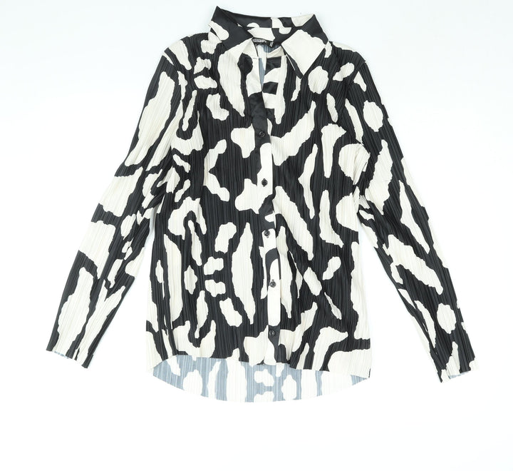 Missguided Womens Black Geometric Polyester Basic Button-Up Size 8 Collared - Plisse