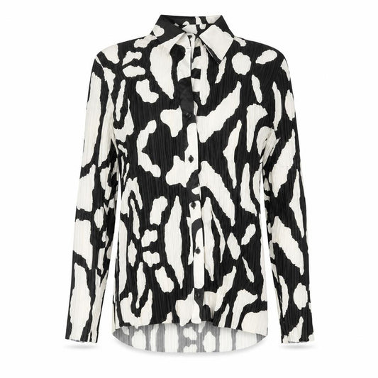 Front view of Missguided women’s black geometric polyester basic button-up, size UK 8, collared - plisse