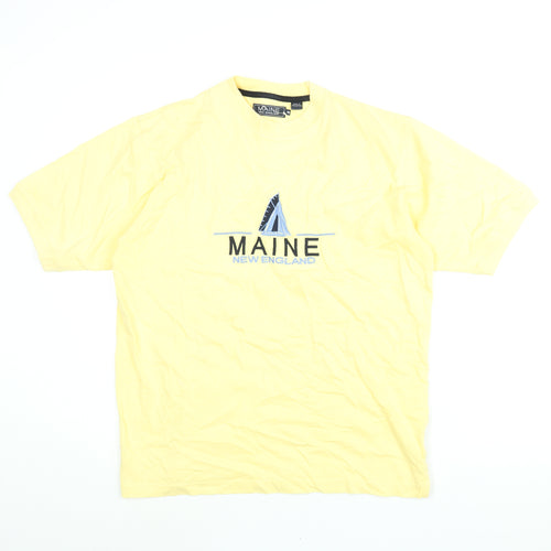 Maine New England Mens Yellow Cotton T-Shirt Size M Crew Neck - Embroidered Logo