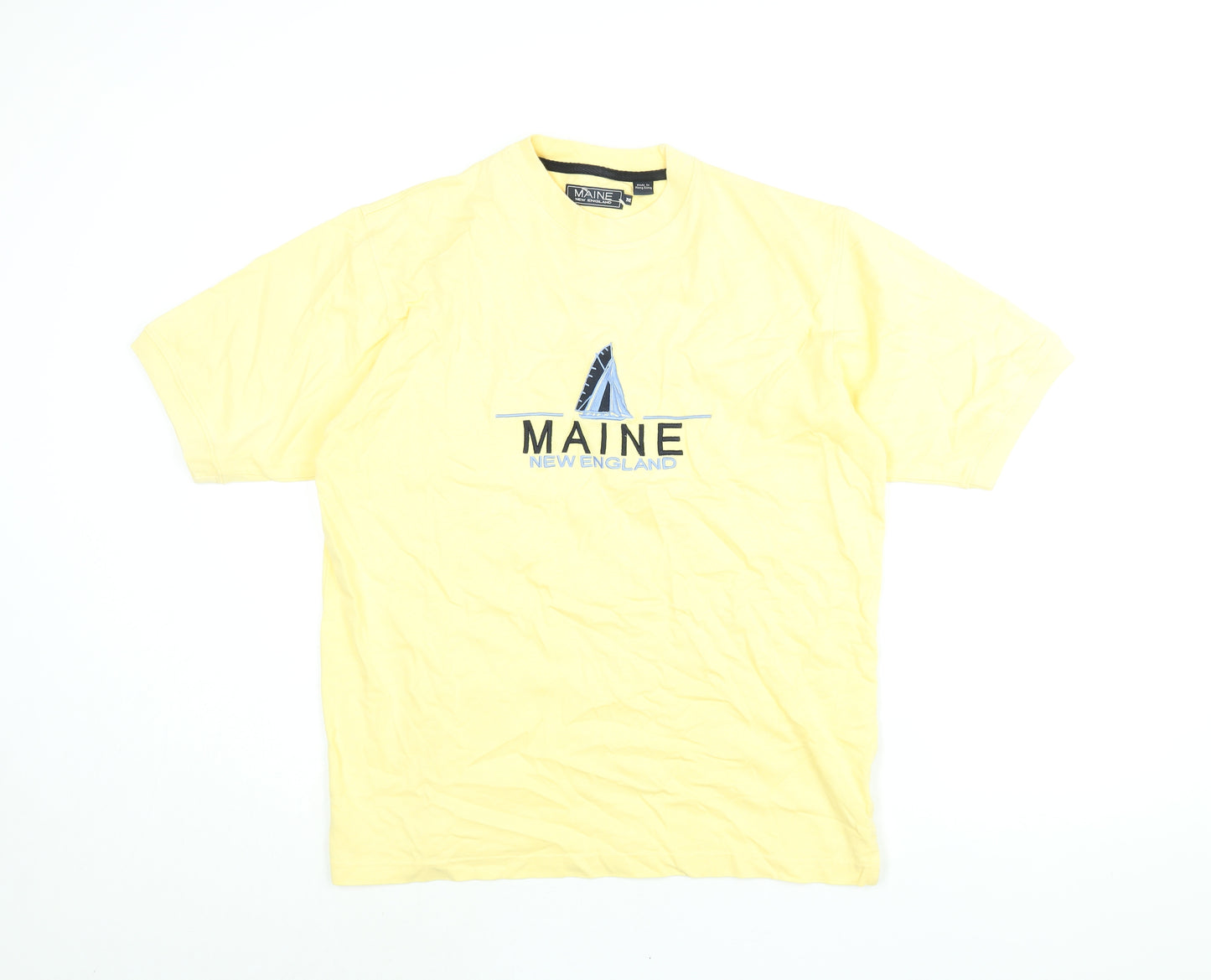 Maine New England Mens Yellow Cotton T-Shirt Size M Crew Neck - Embroidered Logo