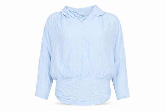 Front view of Phase Eight` women’s blue viscose basic blouse, size L, v-neck