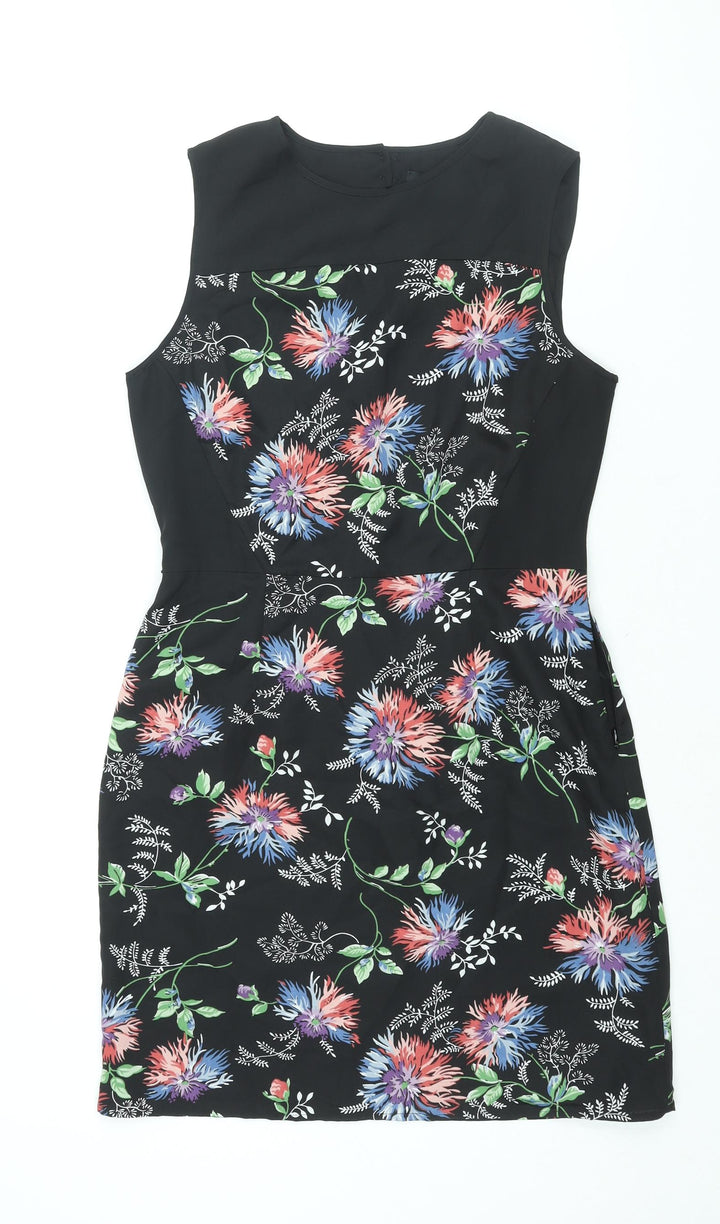 Oasis Womens Black Floral Polyester Shift Size 10 Round Neck Zip