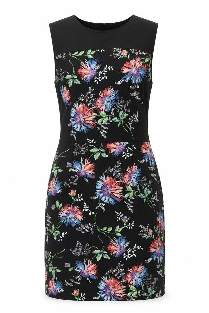 Front view of Oasis women’s black floral polyester shift, size UK 10, round neck zip
