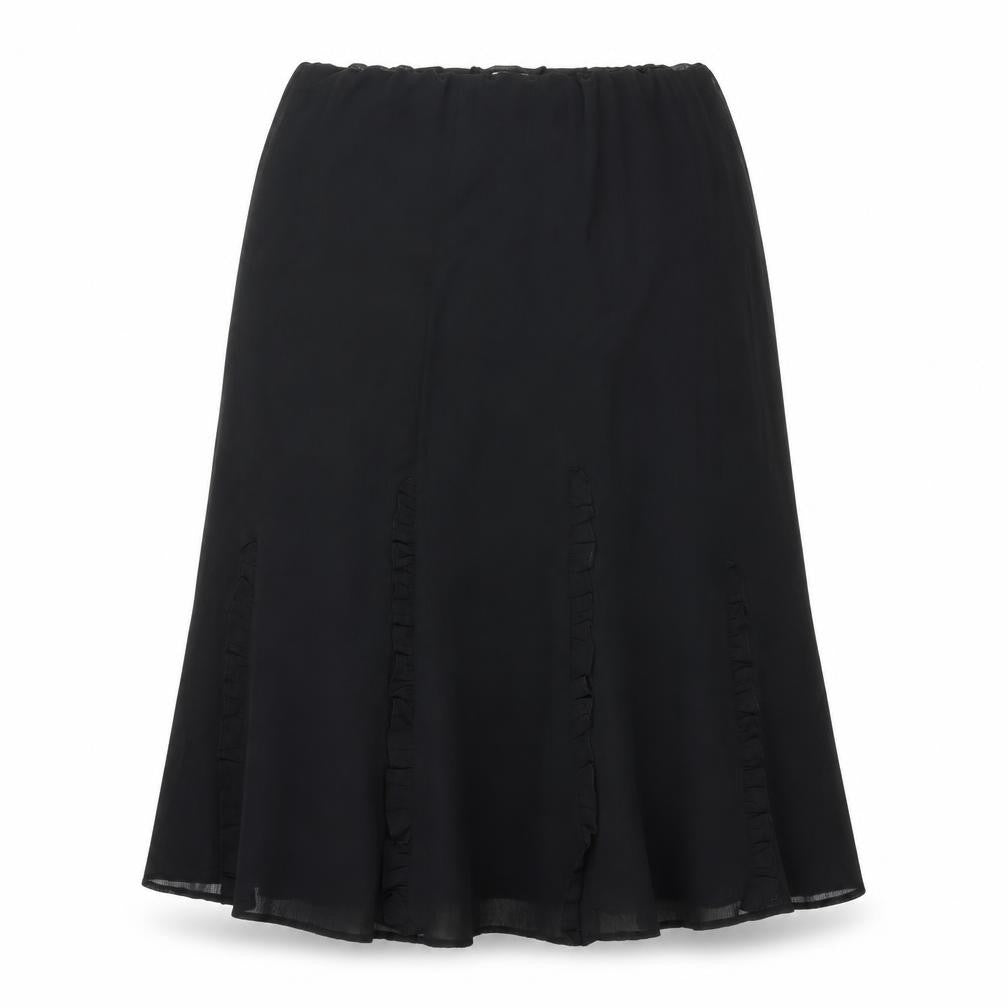 Front view of Damart women’s black polyester a-line skirt, size UK 12, - frill