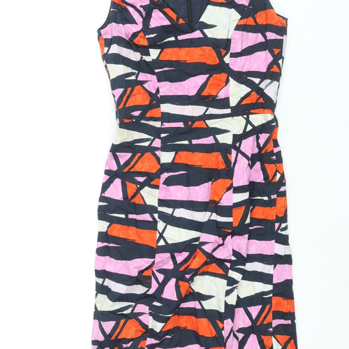 French Connection Womens Multicoloured Geometric Cotton Pencil Dress Size 6 V-Neck Zip