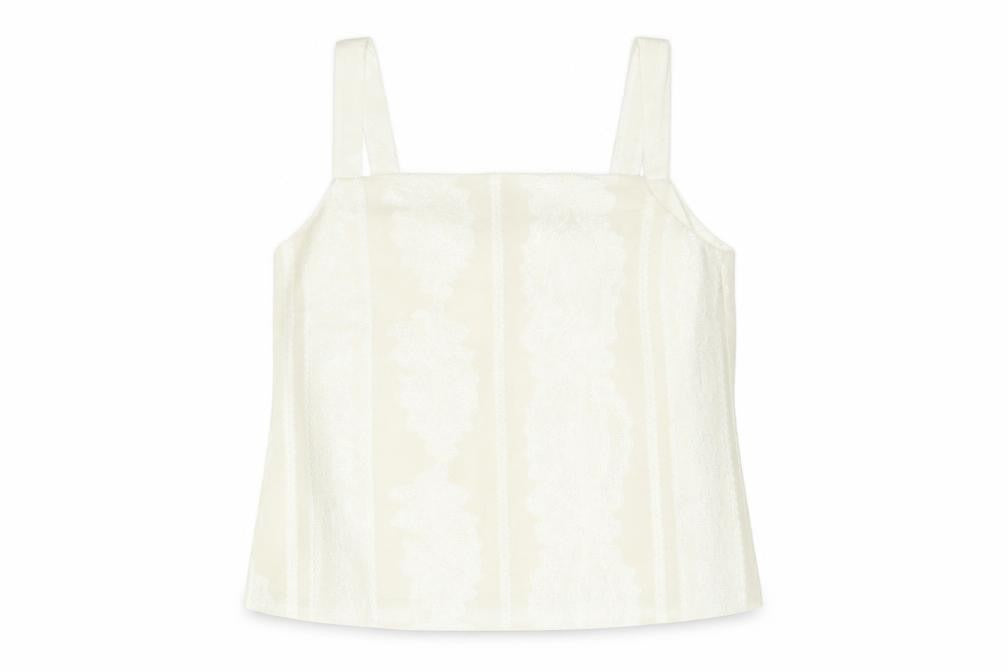 Front view of Roman women’s ivory geometric polyester camisole blouse, size UK 14, square neck