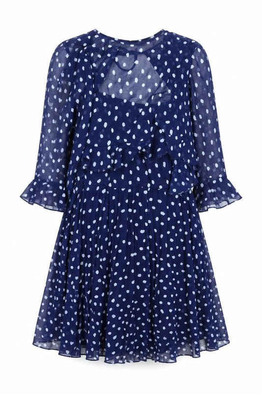 Front view of ASOS women’s blue polka dot polyester shift, size UK 10, round neck zip - layered frill