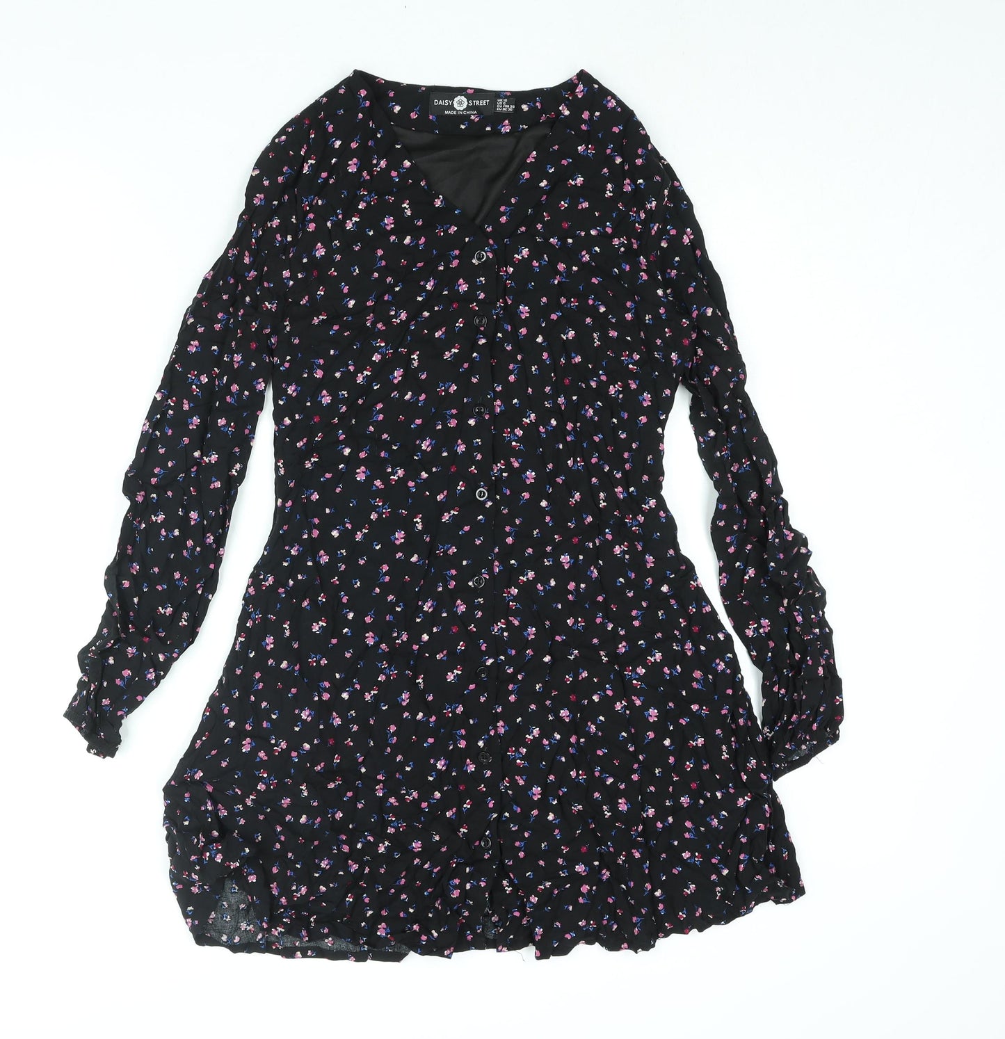 Daisy Street Womens Black Floral Viscose A-Line Size 10 V-Neck Button