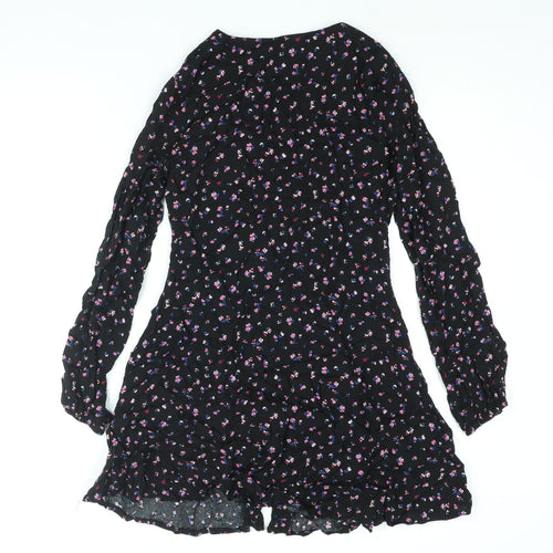Daisy Street Womens Black Floral Viscose A-Line Size 10 V-Neck Button