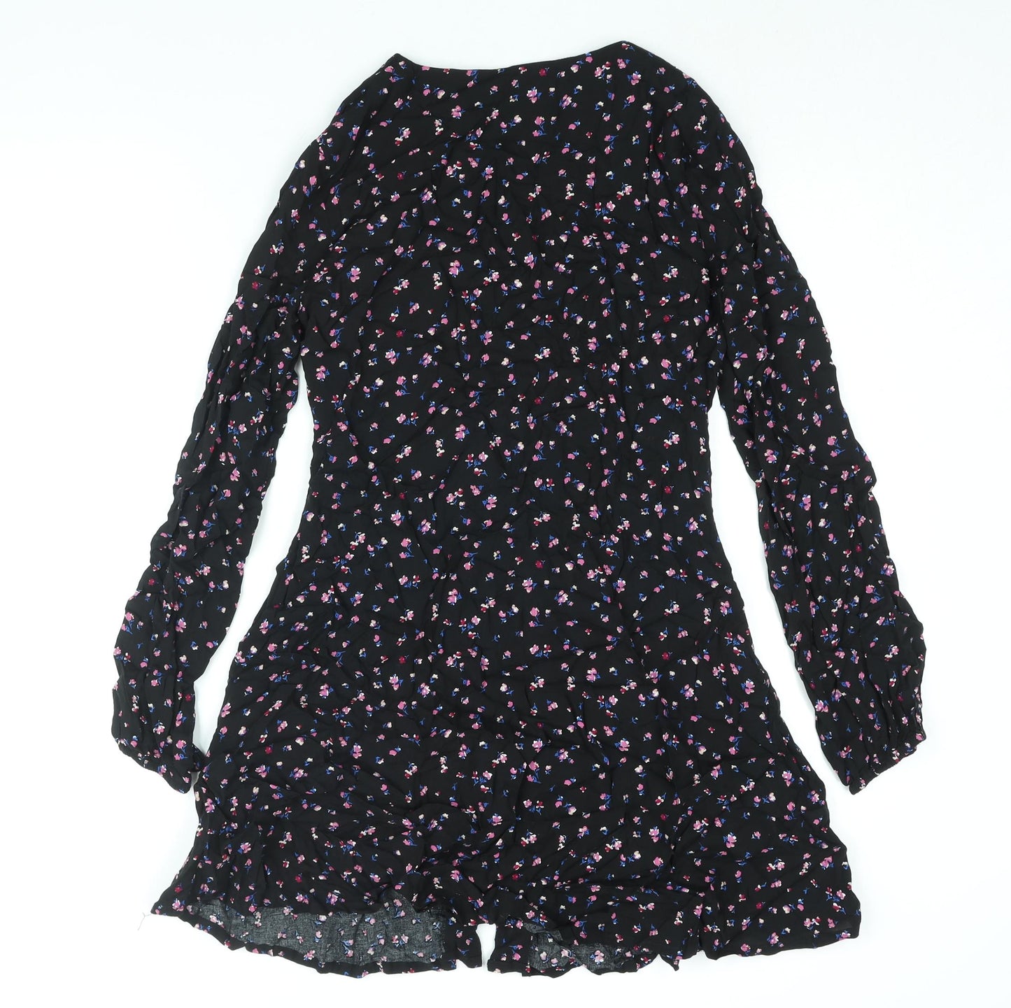 Daisy Street Womens Black Floral Viscose A-Line Size 10 V-Neck Button