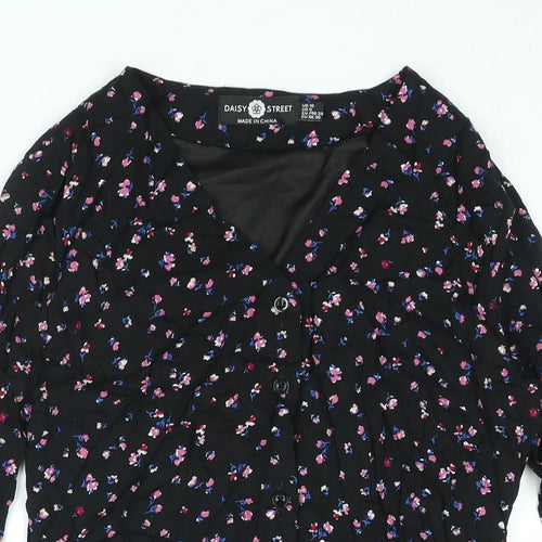 Daisy Street Womens Black Floral Viscose A-Line Size 10 V-Neck Button