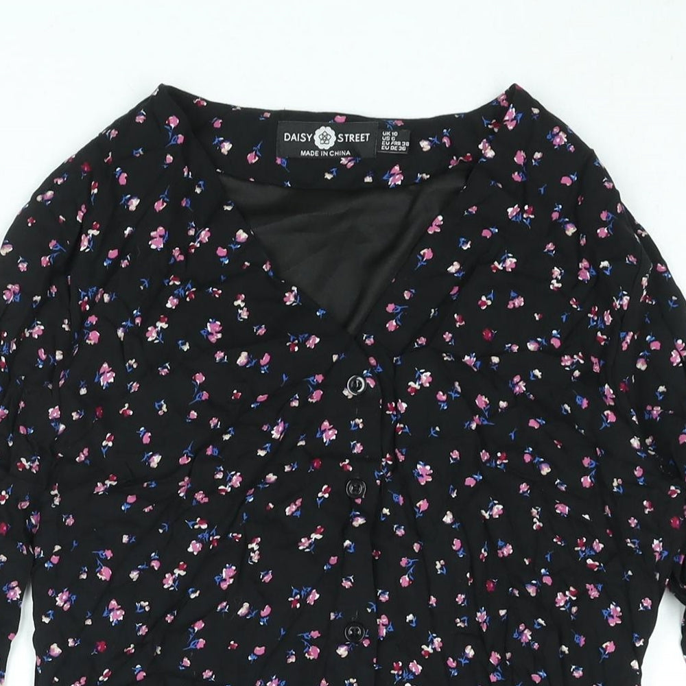 Daisy Street Womens Black Floral Viscose A-Line Size 10 V-Neck Button