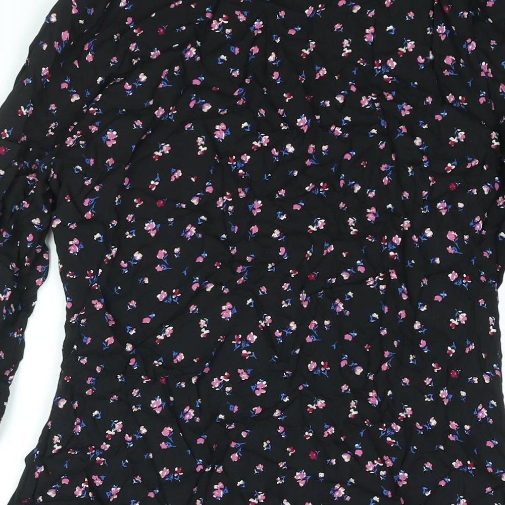 Daisy Street Womens Black Floral Viscose A-Line Size 10 V-Neck Button